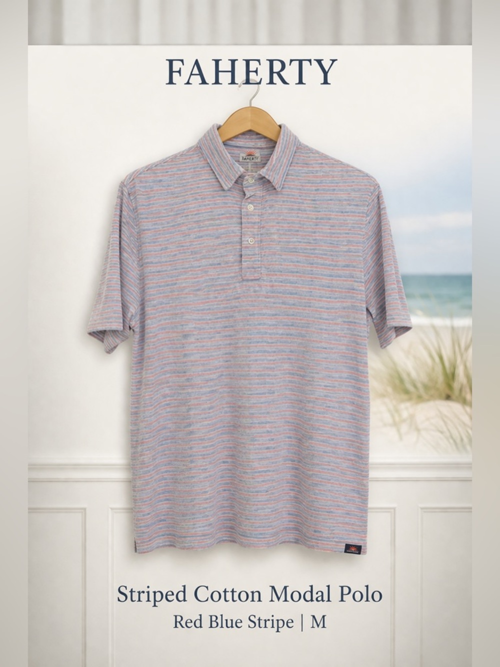 Faherty Striped Cotton Modal Polo Red Blue Knit Shirt Size M